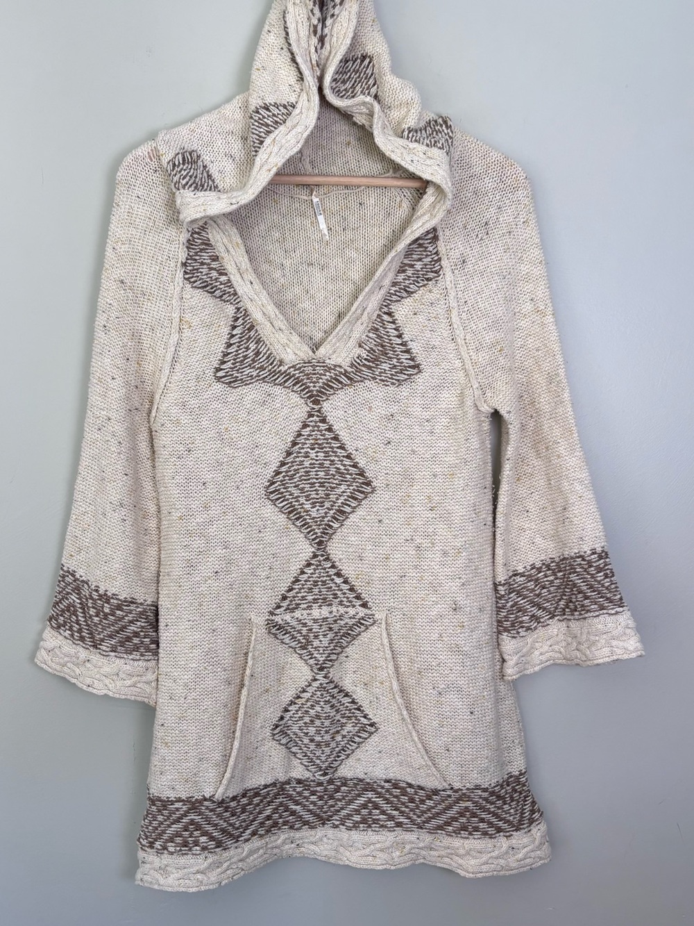 VTG Free People Hooded Tunic Sweater-Boho Chunky Knit-Cream/Brown-M-Bell Sleeve